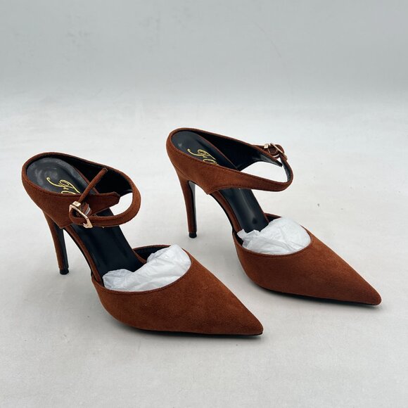 FOWT Brown Pointed Toe Slip on Mules Stiletto High Heel Backless Strappy Sandals - Picture 4 of 8